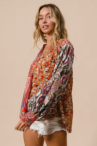 BiBi Mixed Prints Peasant Top in Copper Combo