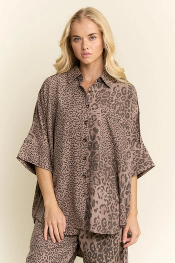 Davi & Dani Oversized Button Down Top in Mocha Leopard
