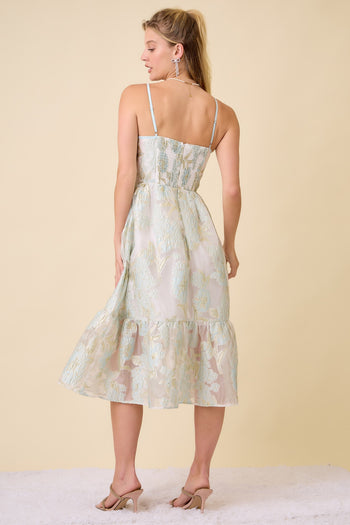 Main Strip Metallic Floral Embossed Midi Dress in Light Blue