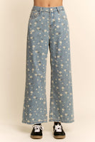 Davi & Dani High Waisted Floral Print Pants in Blue Denim
