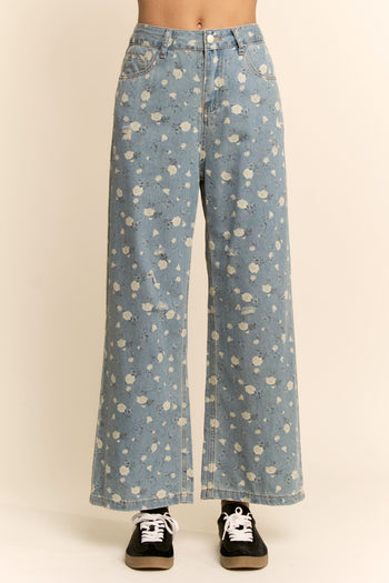 Davi & Dani High Waisted Floral Print Pants in Blue Denim