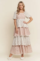 J.nna Color Block Tiered Floral Print Maxi Dress in Blush Cream Floral