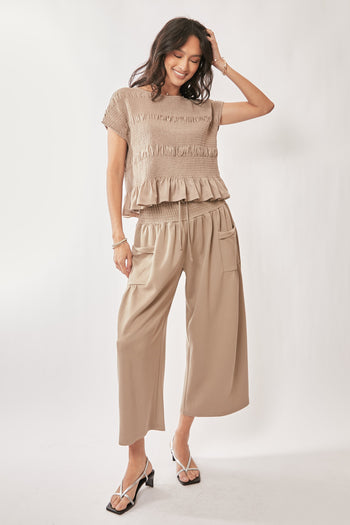 Davi & Dani Solid Color Top and Pants Set in Sand