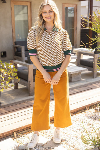 VOY Quarter Button Stripe Band Checker Print Knit Top in Brown