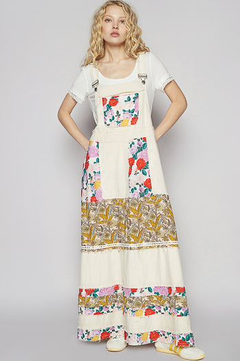 POL Mixed Print Patchwork Overall Dress in Oatmilk M at June Adel