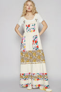 POL Mixed Print Patchwork Overall Dress in Oatmilk