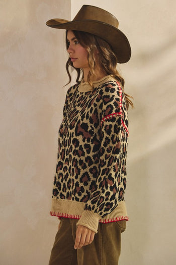 LovLov Knit Sweater with Contrasting Details in Leopard