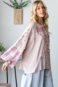 Oli & Hali Oversized Mixed Fabric Star Patched Top in Pink