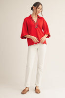 Jodifl Scallop Edge Top with Animal Print Detail in Red