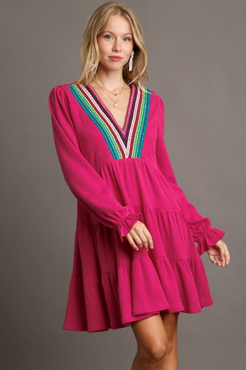 Umgee Crochet Embroidery Tiered Knit Dress in Hot Pink