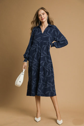 Umgee Solid Color Textured Leaf Pattern Midi Dress in Navy