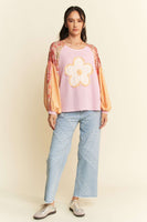 Davi & Dani Waffle Knit Top with Mix N Match Prints and Flower Patch Front in Pink Multi