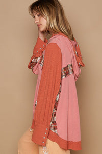 POL OVERSIZED Cotton and Plaid Hooded Top in Blush Brick