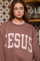 BucketList “JESUS” Heart Applique Varsity Sweatshirt in Brown