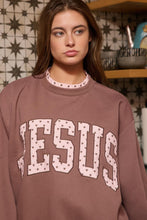 Load image into Gallery viewer, BucketList “JESUS” Heart Applique Varsity Sweatshirt in Brown
