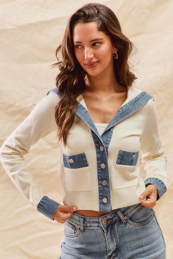 So Me FITTED Knit Sweater Cardigan with Contrasting Denim Details in Ivory