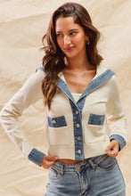 Load image into Gallery viewer, So Me FITTED Knit Sweater Cardigan with Contrasting Denim Details in Ivory
