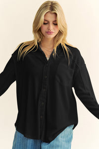 Davi & Dani Textured Knit Button Down Top in Black