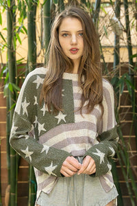 POL Americana Print Lightweight Sweater Top in Olive/Ash Mauve Shirts & Tops POL Clothing   