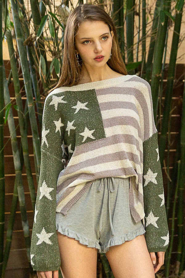 POL Americana Print Lightweight Sweater Top in Olive/Ash Mauve Shirts & Tops POL Clothing   