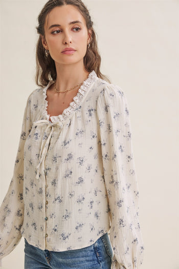 In February Floral Cotton Gauze Blouse in Dusty Blue