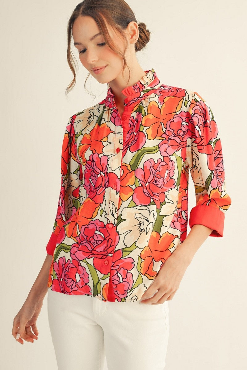 Jodifl Bold Floral Top with Contrasting Solid Accents in Red