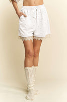 Davi & Dani Pearl Embellished and Lace Trim Shorts in Off White