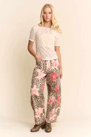 Davi & Dani Leopard and Floral Print Pants in Leopard Floral
