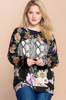 Oddi Mixed Print Color Block Knit Top in Navy