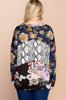 Oddi Mixed Print Color Block Knit Top in Navy