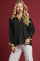 Umgee Textured Top with Contrasting Trim in Black