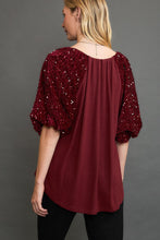 Load image into Gallery viewer, Umgee Sparkly Knit Top with Velvet Sequin Sleeves in Wine
