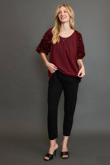 Umgee Sparkly Knit Top with Velvet Sequin Sleeves in Wine