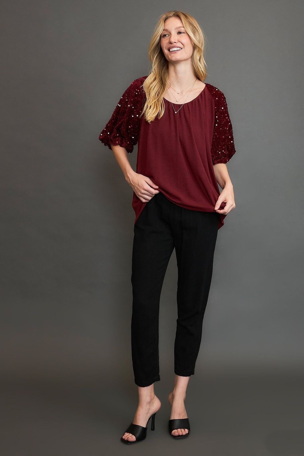 Umgee Sparkly Knit Top with Velvet Sequin Sleeves in Wine