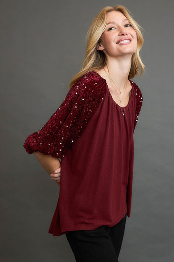 Umgee Sparkly Knit Top with Velvet Sequin Sleeves in Wine