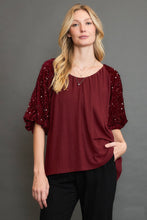 Load image into Gallery viewer, Umgee Sparkly Knit Top with Velvet Sequin Sleeves in Wine
