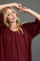 Umgee Sparkly Knit Top with Velvet Sequin Sleeves in Wine