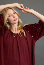 Load image into Gallery viewer, Umgee Sparkly Knit Top with Velvet Sequin Sleeves in Wine
