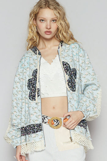 POL Floral Print Twill Jacket with Crochet Details in Baby Blue Floral