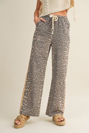 LovLov Luxe Leopard Relaxed Pants With Side Trim in Leopard/Taupe