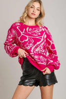 Umgee Floral Knit Sweater in Hot Pink
