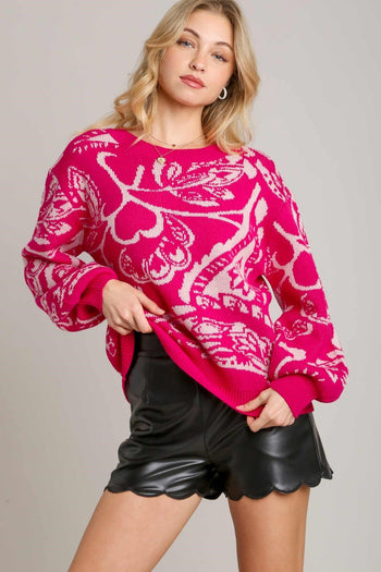 Umgee Floral Knit Sweater in Hot Pink