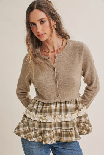 In February Quiet Cottage Mixed Media Plaid Peplum Sweater Cardigan in Oatmeal/Olive