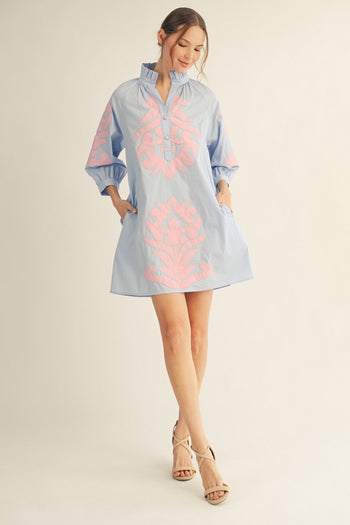 Jodifl Baroque Floral Applique Shift Dress in Powder Blue ON ORDER