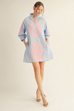 Load image into Gallery viewer, Jodifl Baroque Floral Applique Shift Dress in Powder Blue ON ORDER
