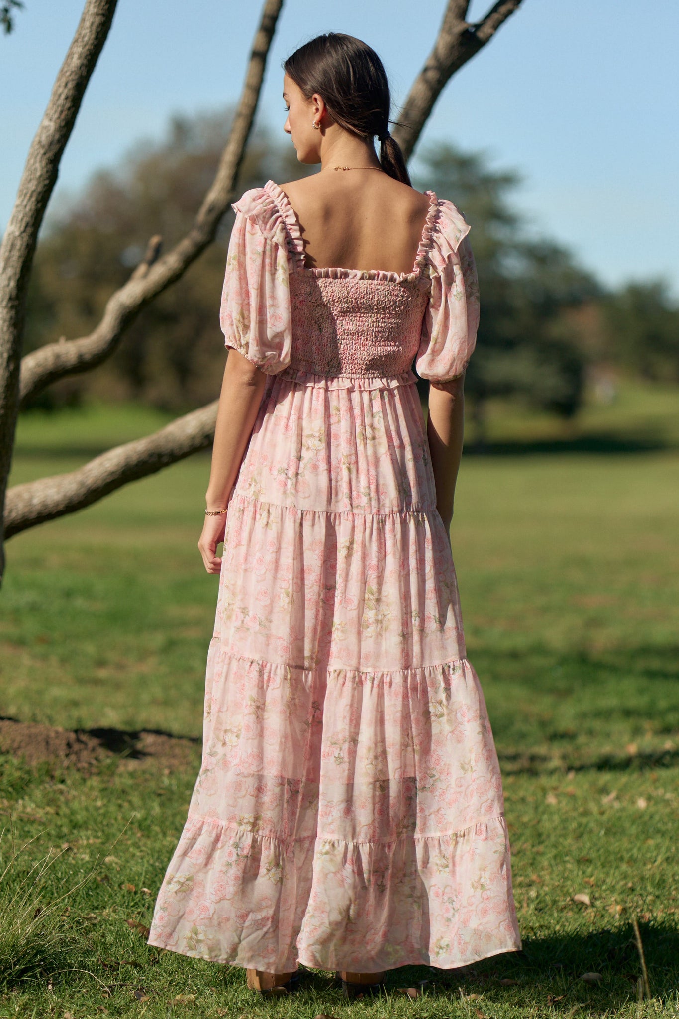 Davi & Dani Smocked Bodice Floral Print Maxi Dress in Pink M at June Adel
