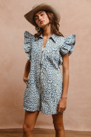 BiBi Washed Leopard Print Zip Up Front Romper in Leopard Denim