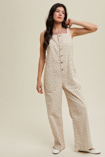 Wishlist Floral Print Open Back Overalls in Cream Combo