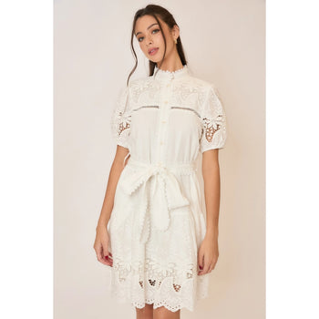 Cozy Co. Mini Dress with Embroidered Lace Details in Off White