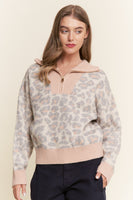 J.nna Knit Leopard Print Sweater with Contrasting Ribbed Trim in Grey